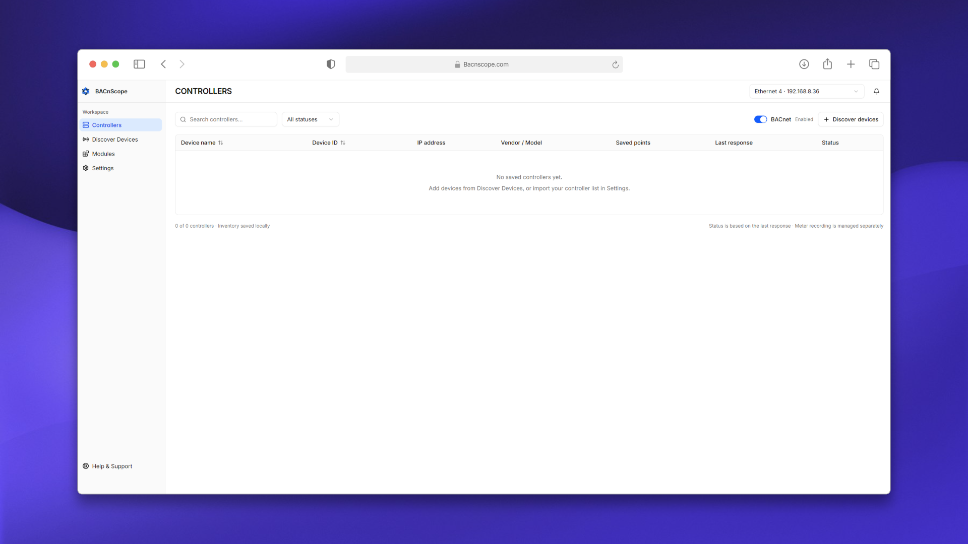 BACnScope Web Controllers workspace shown in a desktop browser